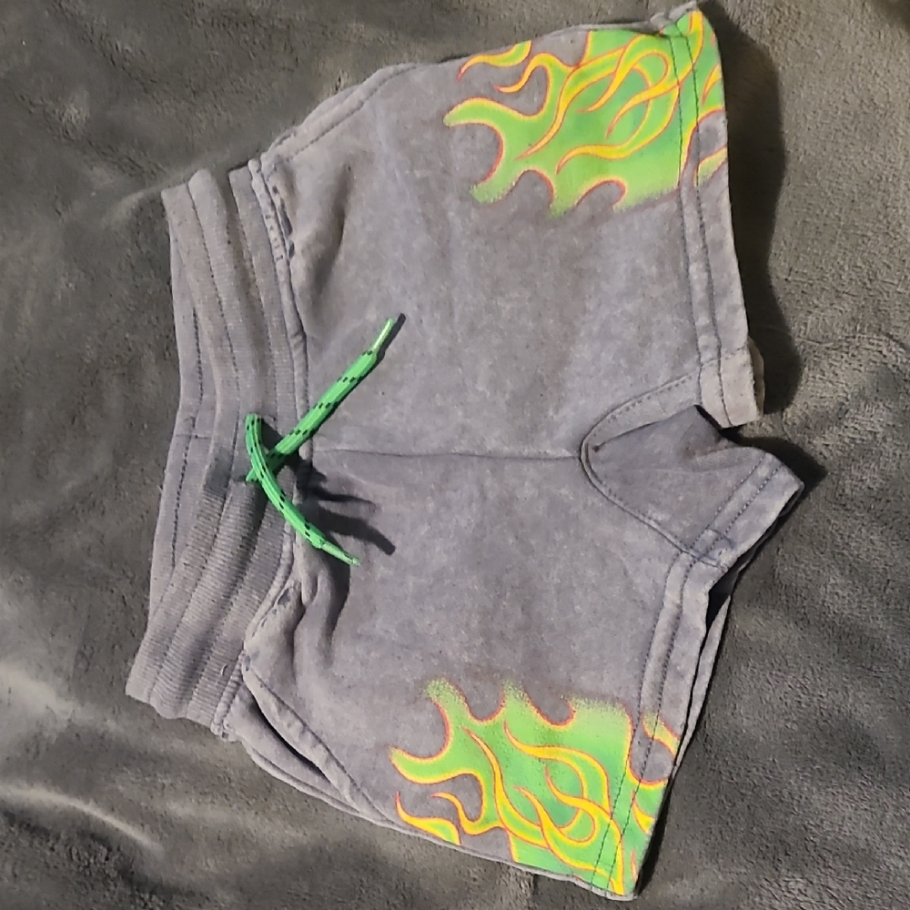 Gray Kids Shorts with Green Flame Design
